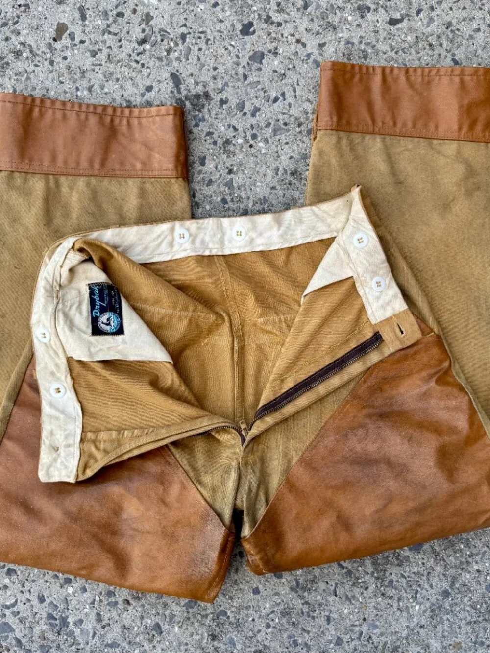 VTG 60s Drybak Hunting Pants Brown Thrashed Heavy Canvas Briar Brush Guard Sz 30